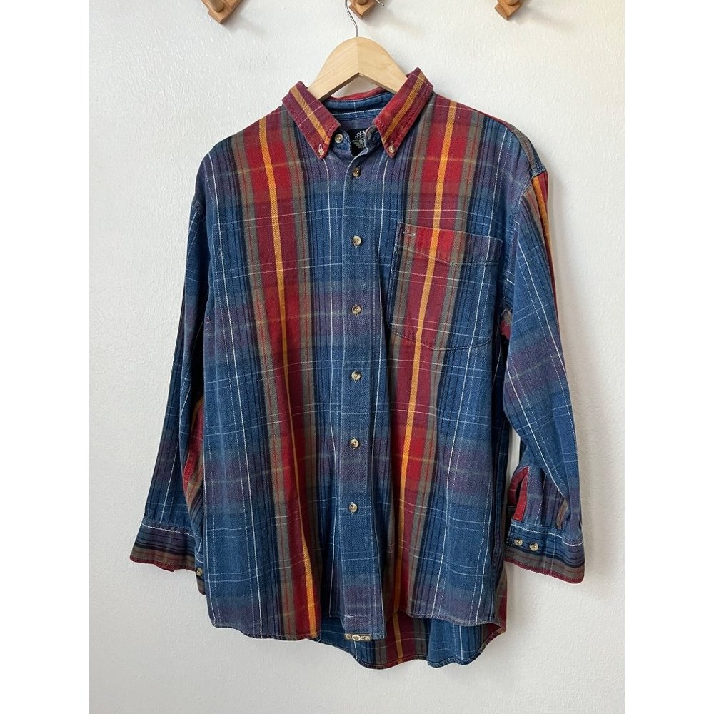 Vintage mens blue red plaid button up flannel shirt long sleeve thrashed